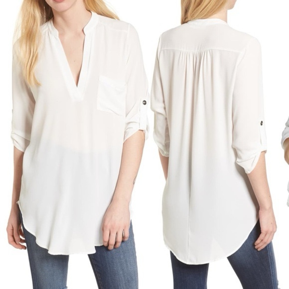 Lush White Roll-Up Sleeve Blouse
